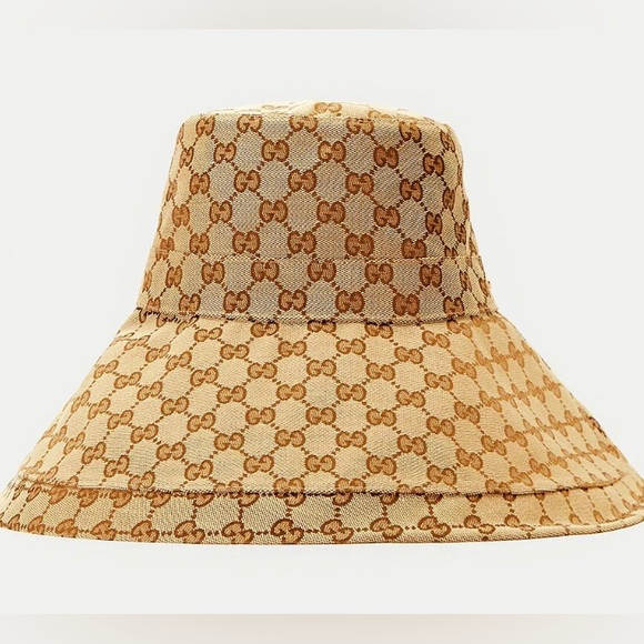 Gucci GG Monogram Bucket Hat Wide Large Brim Beige Canvas Sun Coverage Jacquard - Picture 4 of 16